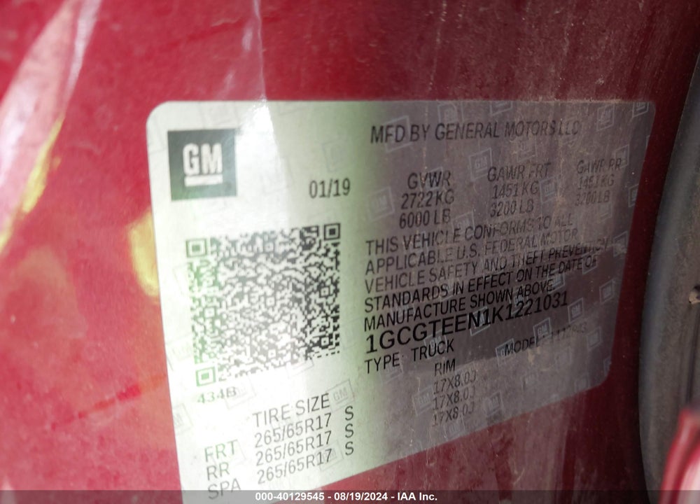 2019 CHEVROLET COLORADO ZR2 VIN: 1GCGTEEN1K1221031