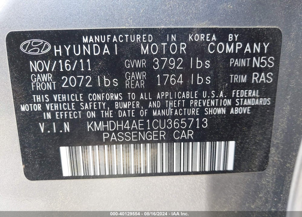 2012 HYUNDAI ELANTRA LIMITED (ULSAN PLANT) VIN: KMHDH4AE1CU365713