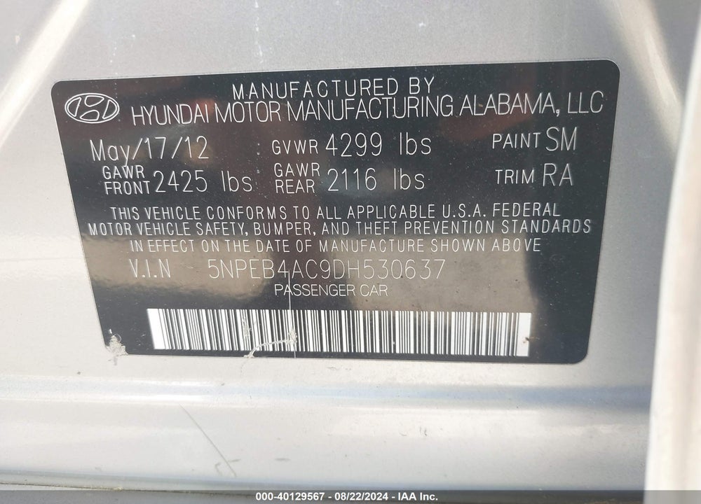 2013 HYUNDAI SONATA VIN: 5NPEB4AC9DH530637
