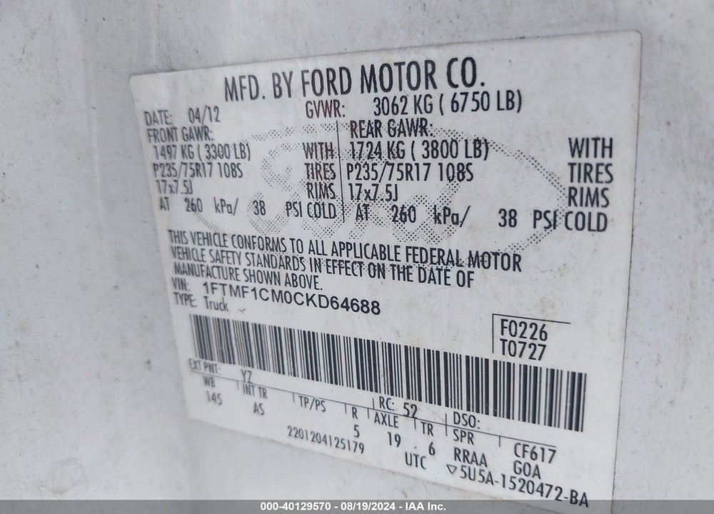 2012 FORD F-150 XL VIN: 1FTMF1CM0CKD64688