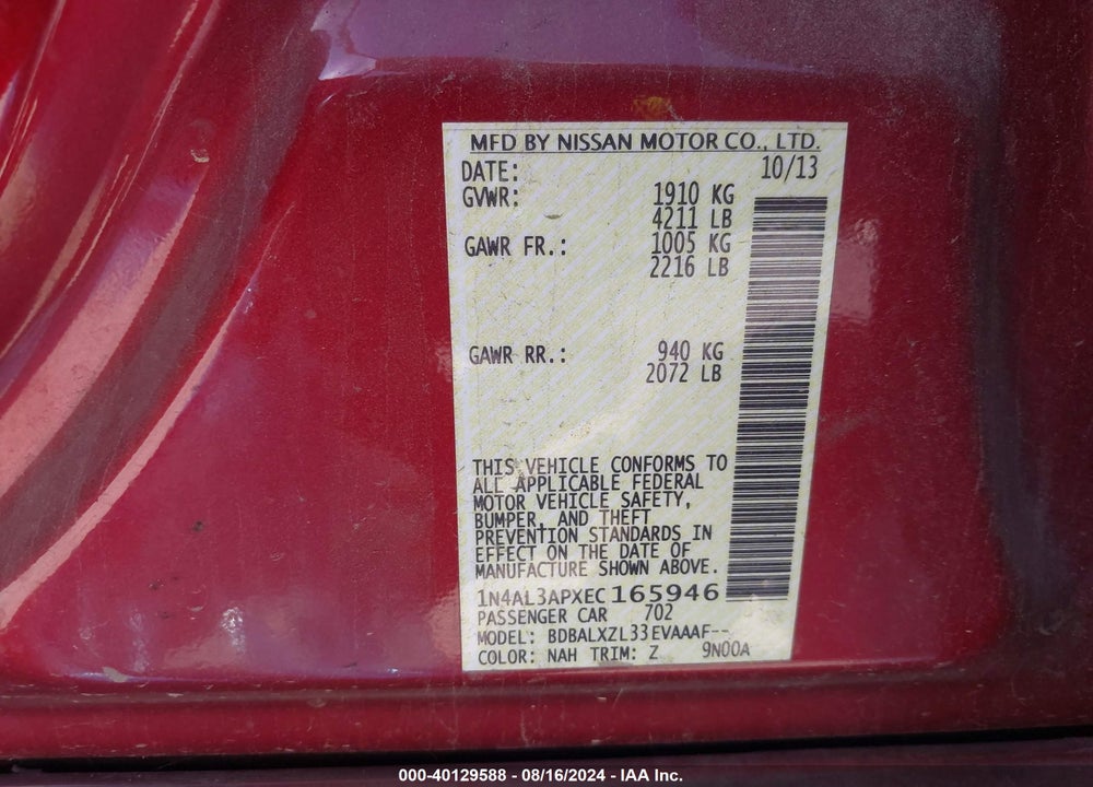 2014 NISSAN ALTIMA 2.5 SL VIN: 1N4AL3APXEC165946