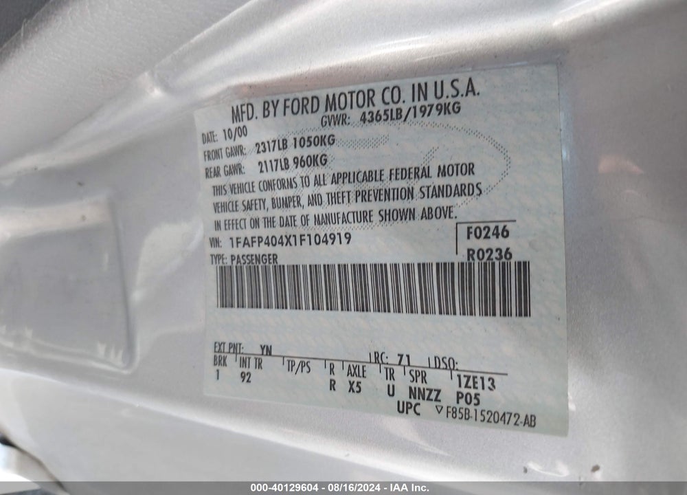 2001 FORD MUSTANG VIN: 1FAFP404X1F104919