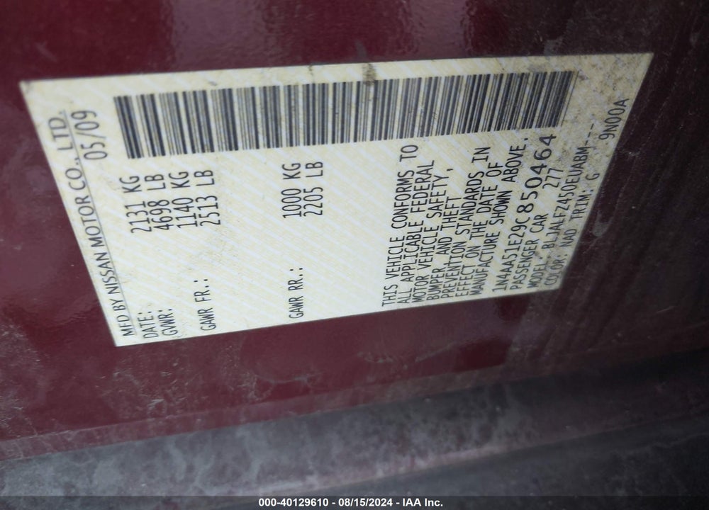 2009 NISSAN MAXIMA 3.5 SV VIN: 1N4AA51E29C850464