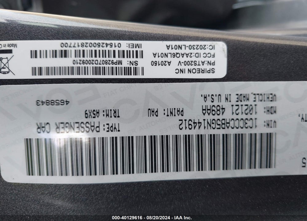 2016 CHRYSLER 200 VIN: 1C3CCCAB5GN144912