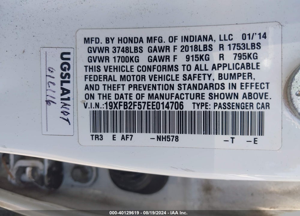 2014 HONDA CIVIC LX VIN: 19XFB2F57EE014706