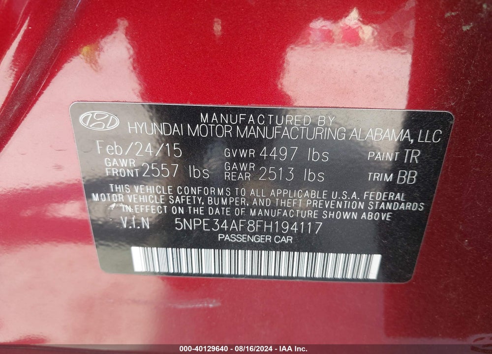 2015 HYUNDAI SONATA SPORT VIN: 5NPE34AF8FH194117