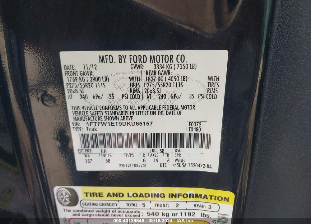 2013 FORD F-150 FX4 VIN: 1FTFW1ET9DKD65157