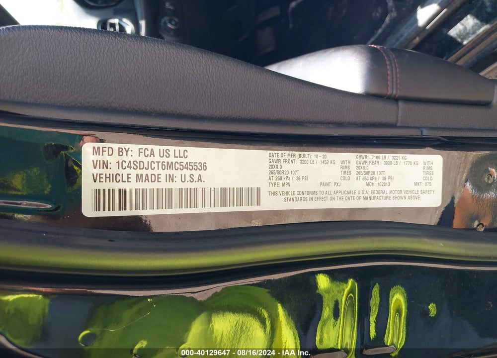 2021 DODGE DURANGO R/T AWD VIN: 1C4SDJCT6MC545536