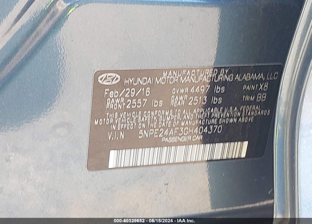2016 HYUNDAI SONATA SE VIN: 5NPE24AF3GH404370