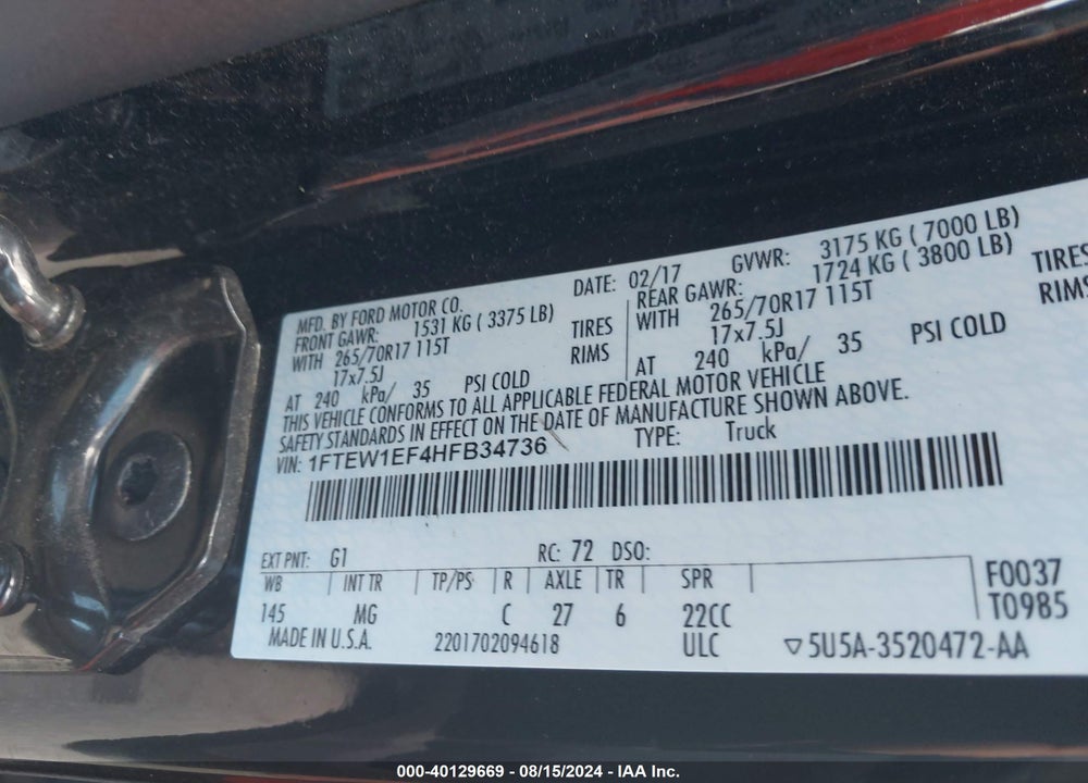 2017 FORD F-150 XLT VIN: 1FTEW1EF4HFB34736