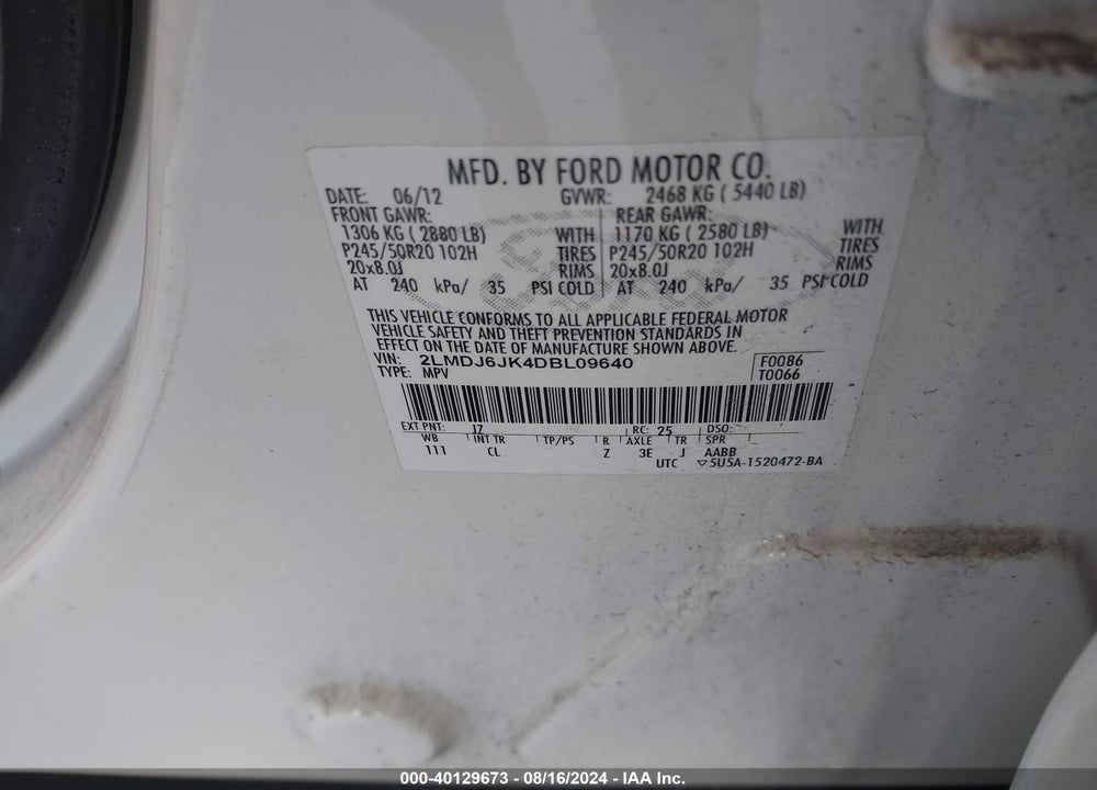2013 LINCOLN MKX VIN: 2LMDJ6JK4DBL09640