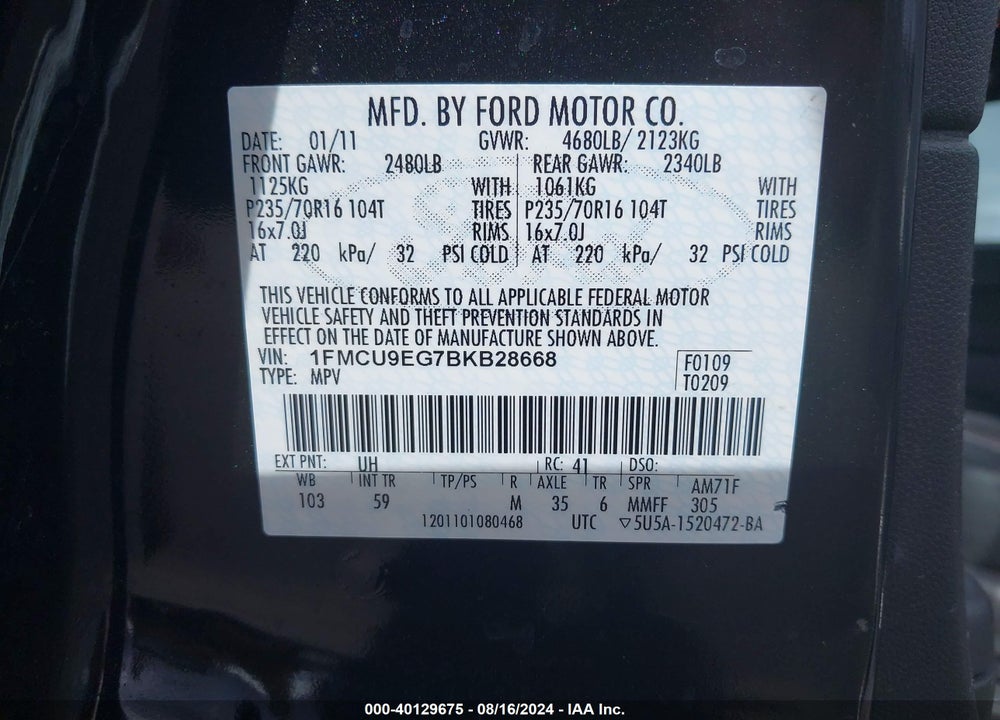 2011 FORD ESCAPE LIMITED VIN: 1FMCU9EG7BKB28668