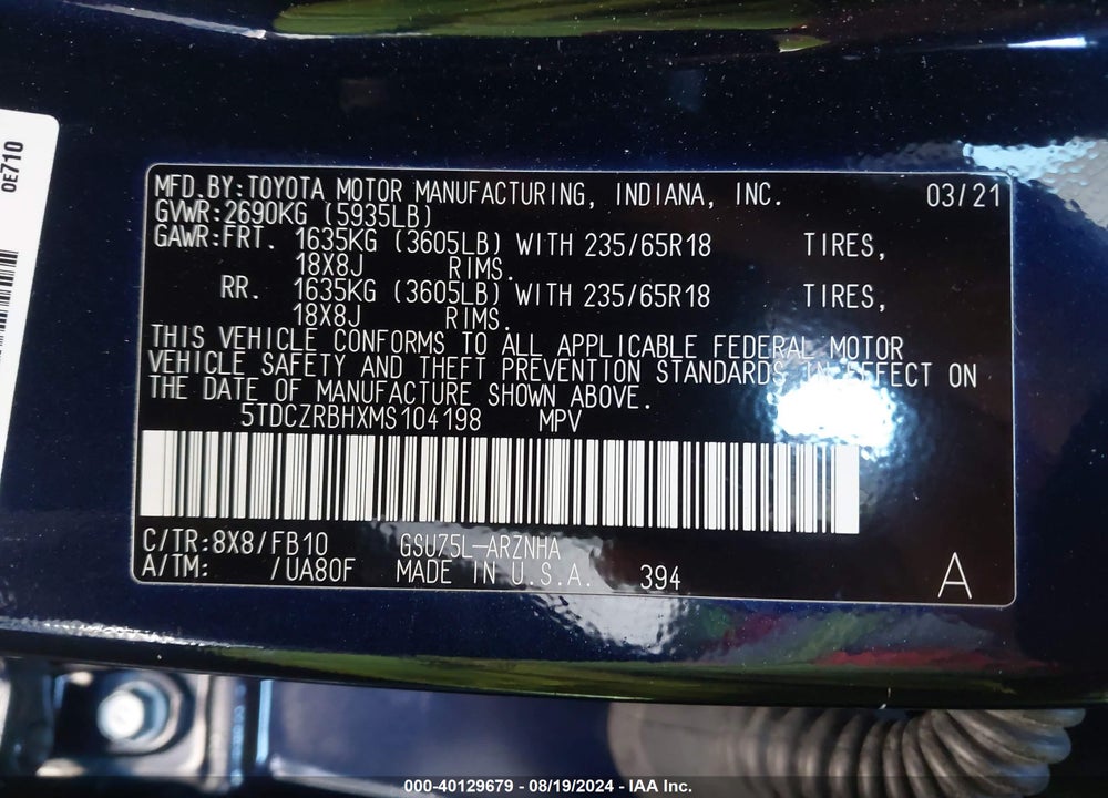 2021 TOYOTA HIGHLANDER L VIN: 5TDCZRBHXMS104198