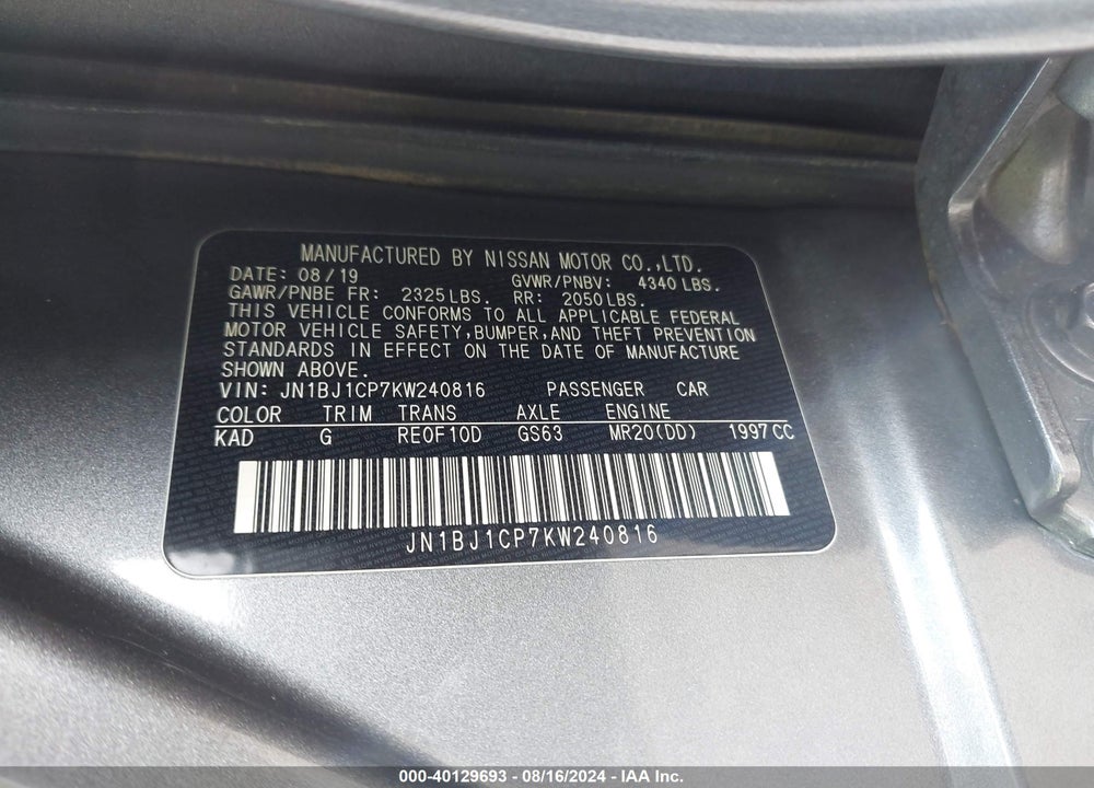 2019 NISSAN ROGUE SPORT S VIN: JN1BJ1CP7KW240816