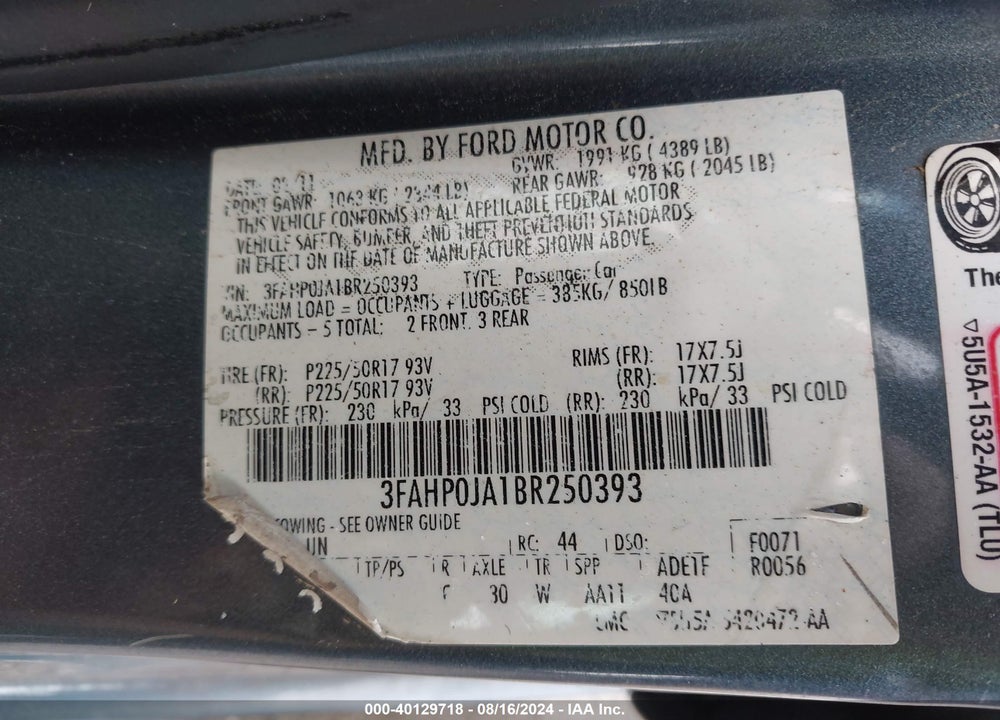 2011 FORD FUSION SEL VIN: 3FAHP0JA1BR250393