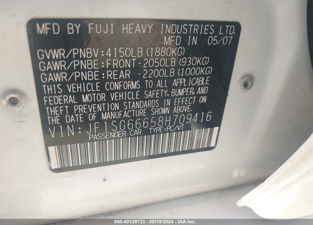 2008 SUBARU FORESTER SPORTS 2.5X VIN: JF1SG66658H709416