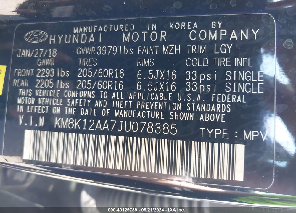 2018 HYUNDAI KONA SE VIN: KM8K12AA7JU078385
