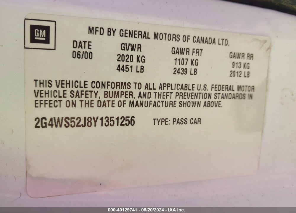 2000 BUICK CENTURY CUSTOM VIN: 2G4WS52J8Y1351256