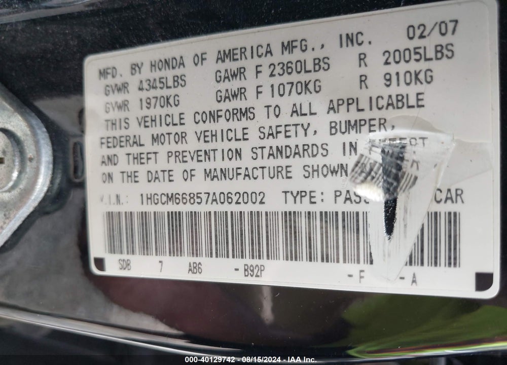 2007 HONDA ACCORD 3.0 EX VIN: 1HGCM66857A062002