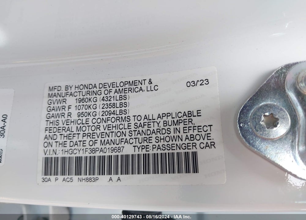 2023 HONDA ACCORD EX VIN: 1HGCY1F38PA019687