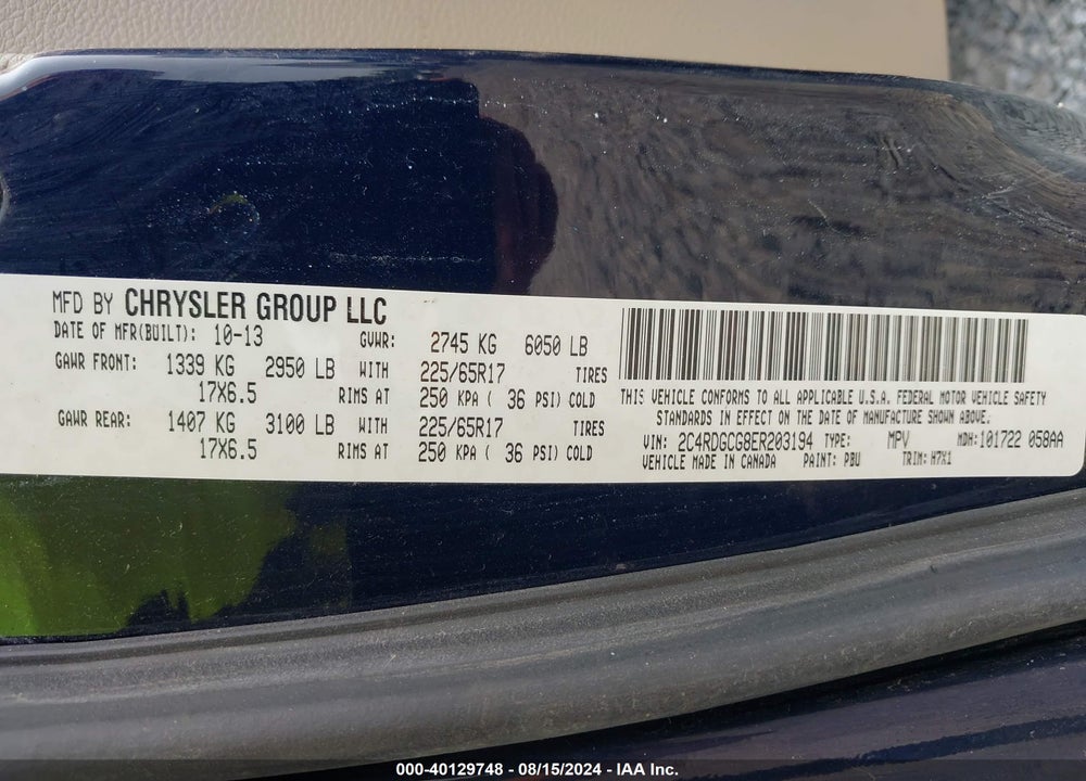 2014 DODGE GRAND CARAVAN SXT VIN: 2C4RDGCG8ER203194