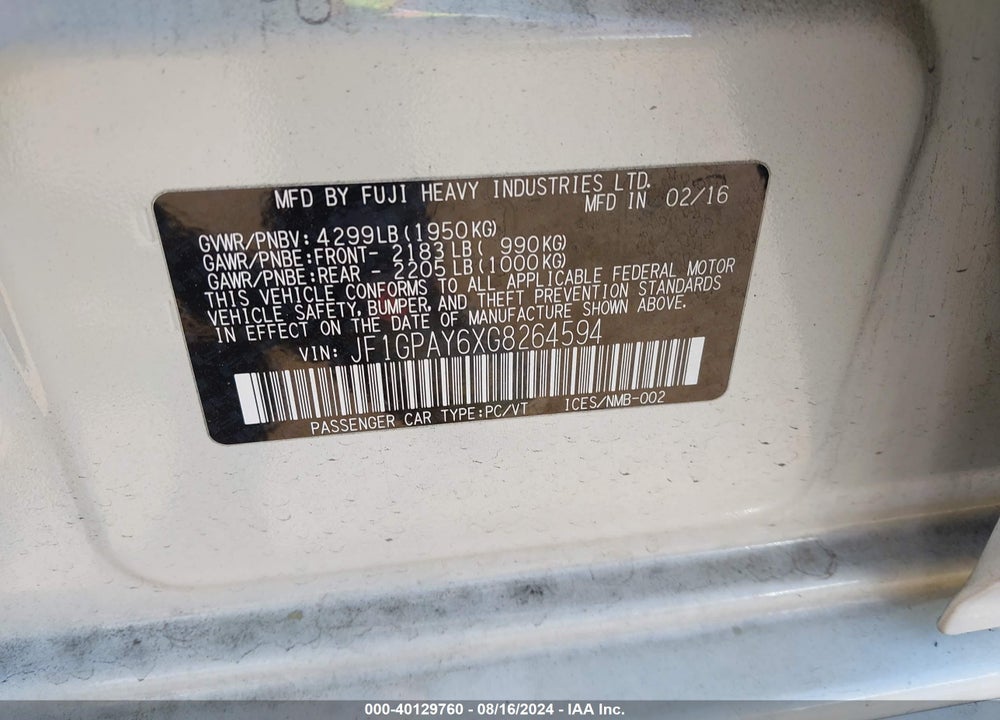 2016 SUBARU IMPREZA 2.0I SPORT LIMITED VIN: JF1GPAY6XG8264594