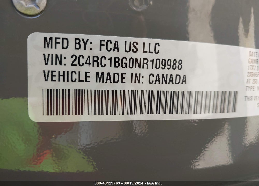2022 CHRYSLER PACIFICA TOURING L VIN: 2C4RC1BG0NR109988