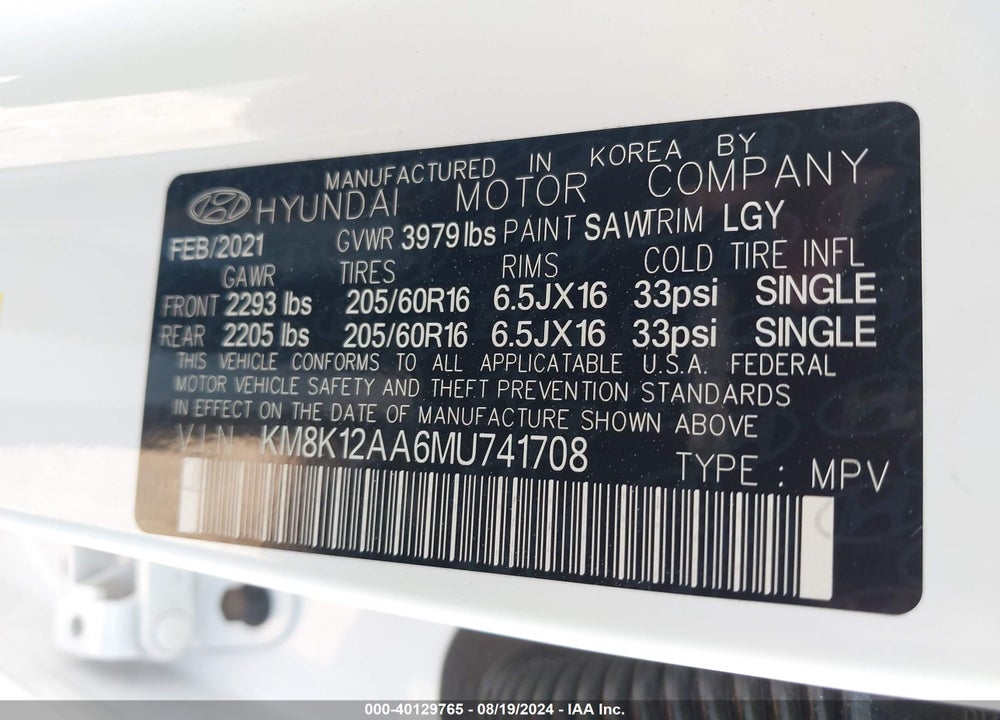 2021 HYUNDAI KONA SE VIN: KM8K12AA6MU741708