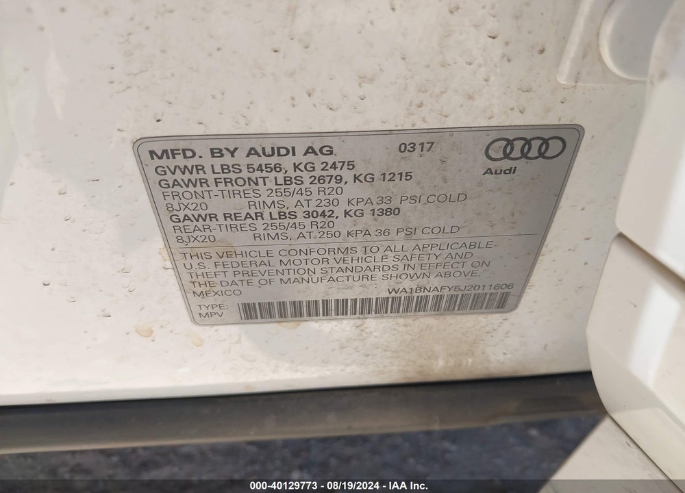 2018 AUDI Q5 2.0T PREMIUM/2.0T TECH PREMIUM VIN: WA1BNAFY5J2011606