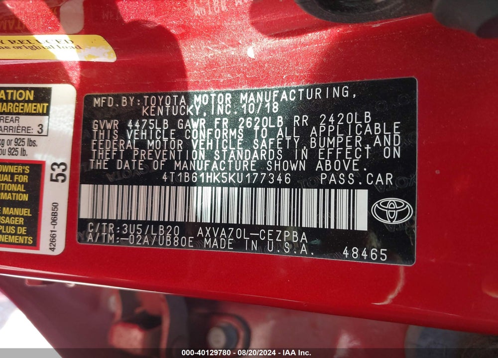2019 TOYOTA CAMRY XSE VIN: 4T1B61HK5KU177346