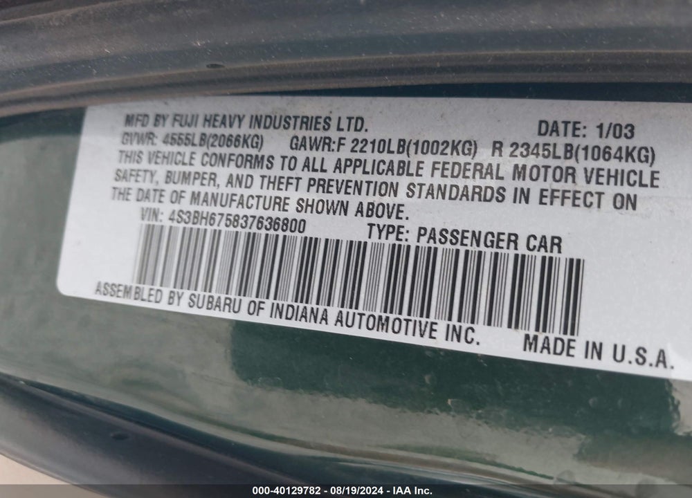 2003 SUBARU OUTBACK VIN: 4S3BH675837636800