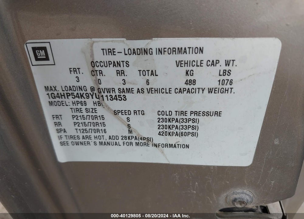 2000 BUICK LESABRE CUSTOM VIN: 1G4HP54K9YU113453