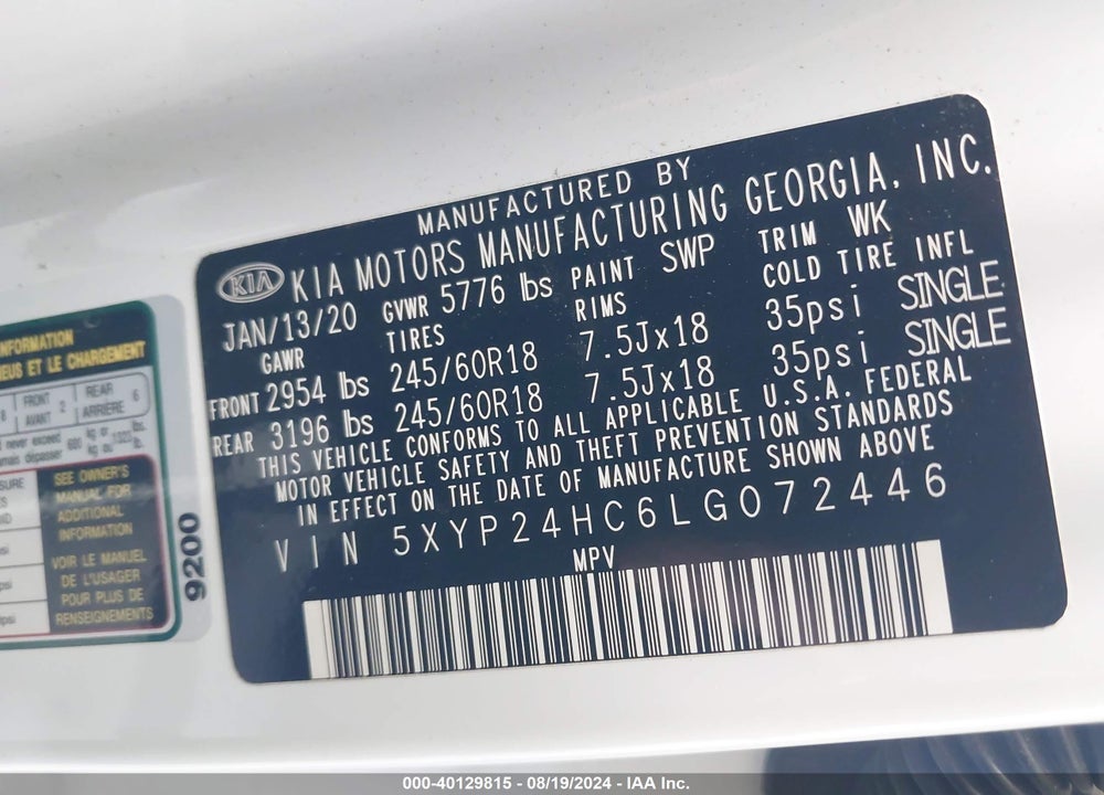 2020 KIA TELLURIDE LX VIN: 5XYP24HC6LG072446