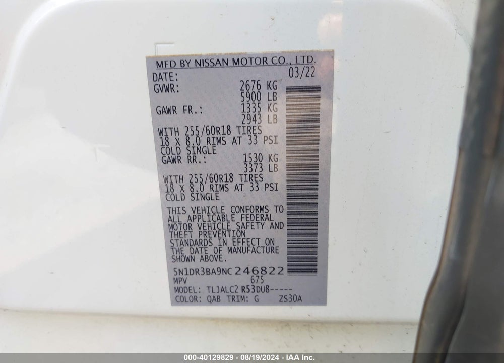 2022 NISSAN PATHFINDER SV 2WD VIN: 5N1DR3BA9NC246822