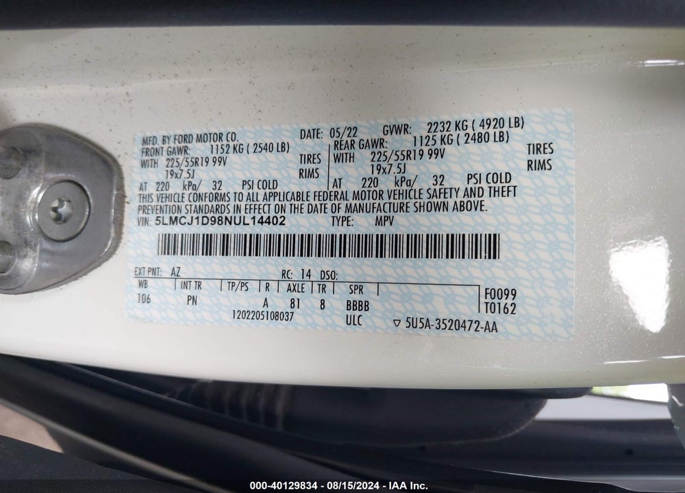 2022 LINCOLN CORSAIR STANDARD VIN: 5LMCJ1D98NUL14402