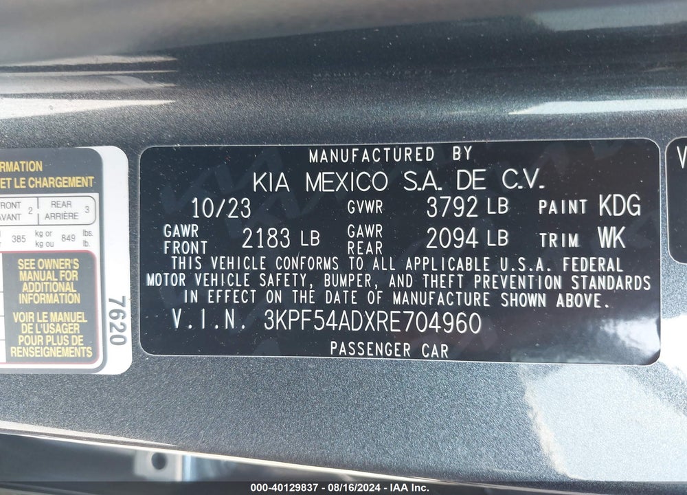 2024 KIA FORTE GT LINE VIN: 3KPF54ADXRE704960