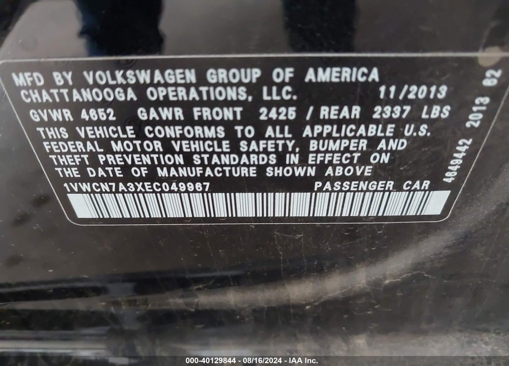 2014 VOLKSWAGEN PASSAT 2.0L TDI SEL PREMIUM VIN: 1VWCN7A3XEC049967