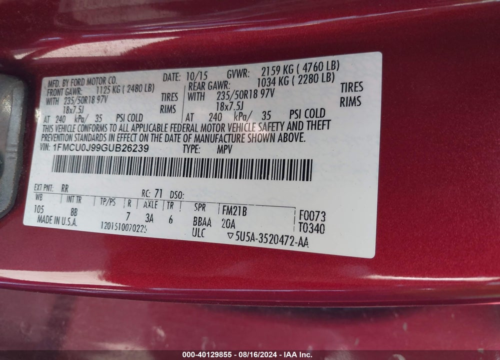 2016 FORD ESCAPE TITANIUM VIN: 1FMCU0J99GUB26239
