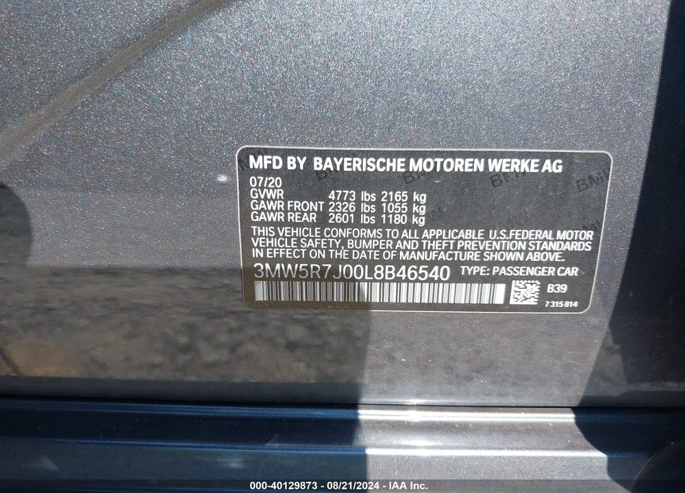 2020 BMW 330I XDRIVE VIN: 3MW5R7J00L8B46540