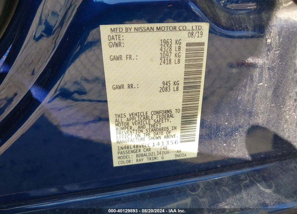 2020 NISSAN ALTIMA S FWD VIN: 1N4BL4BV6LC141356