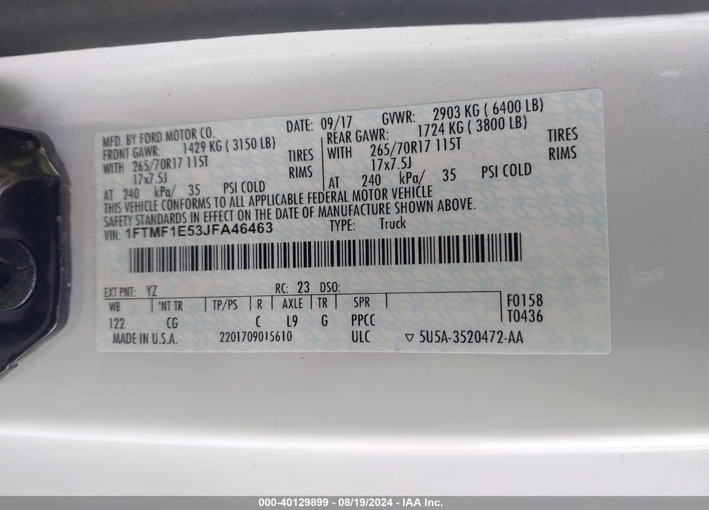 2018 FORD F-150 XL VIN: 1FTMF1E53JFA46463