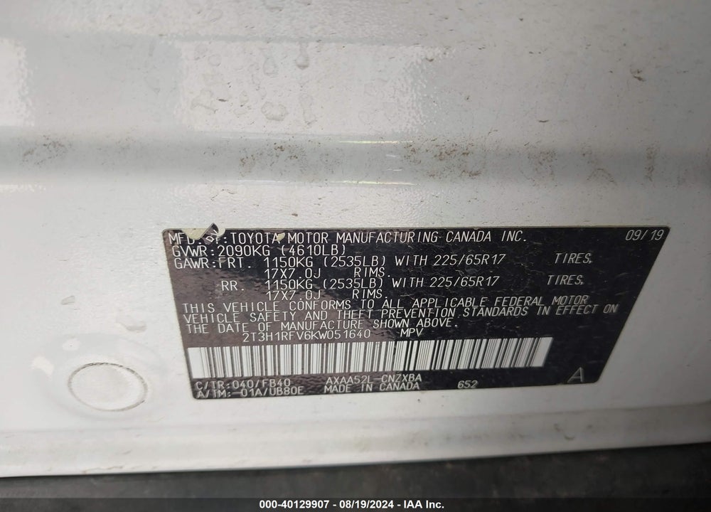 2019 TOYOTA RAV4 LE VIN: 2T3H1RFV6KW051640