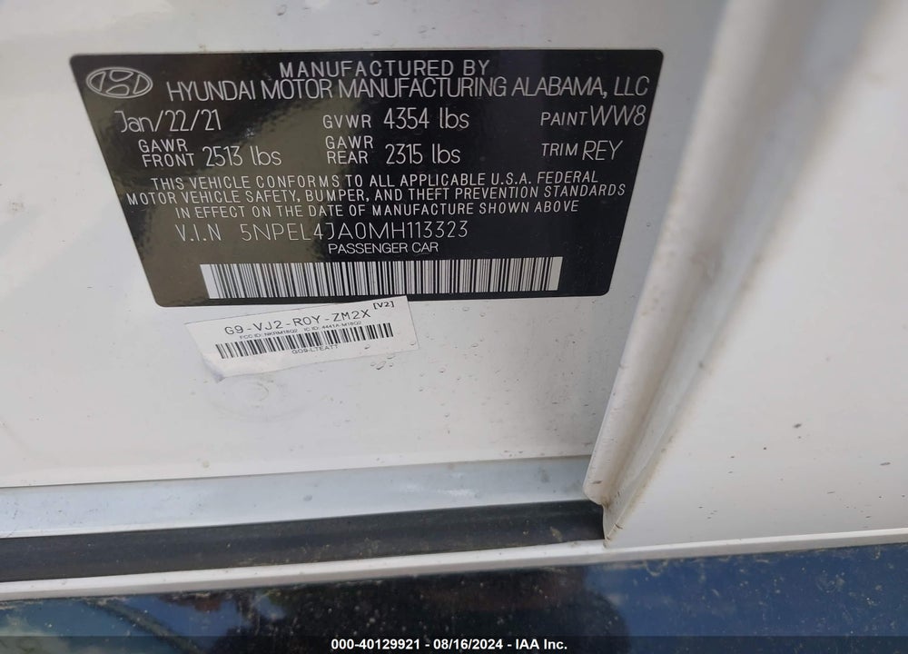 2021 HYUNDAI SONATA SEL VIN: 5NPEL4JA0MH113323