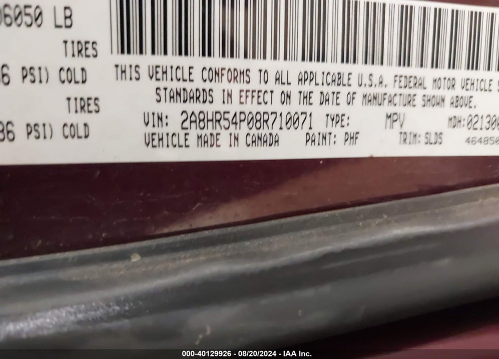 2008 CHRYSLER TOWN & COUNTRY TOURING VIN: 2A8HR54P08R710071