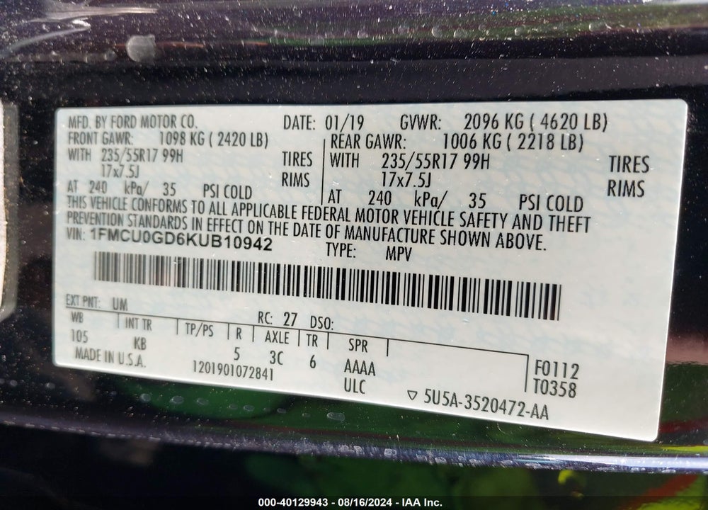 2019 FORD ESCAPE SE VIN: 1FMCU0GD6KUB10942