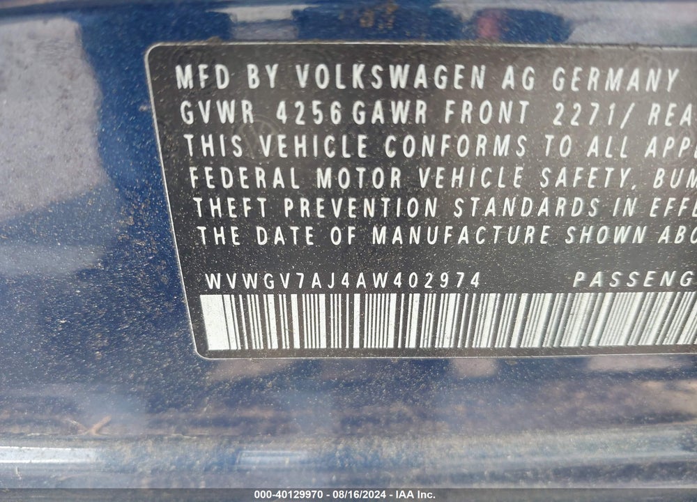 2010 VOLKSWAGEN GTI 4-DOOR VIN: WVWGV7AJ4AW402974