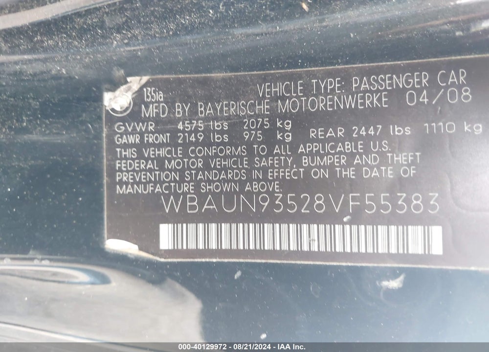 2008 BMW 135I VIN: WBAUN93528VF55383