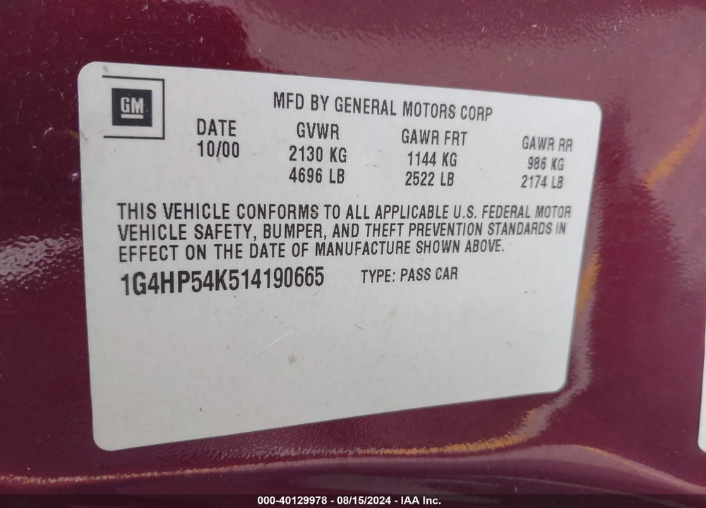 2001 BUICK LESABRE CUSTOM VIN: 1G4HP54K514190665