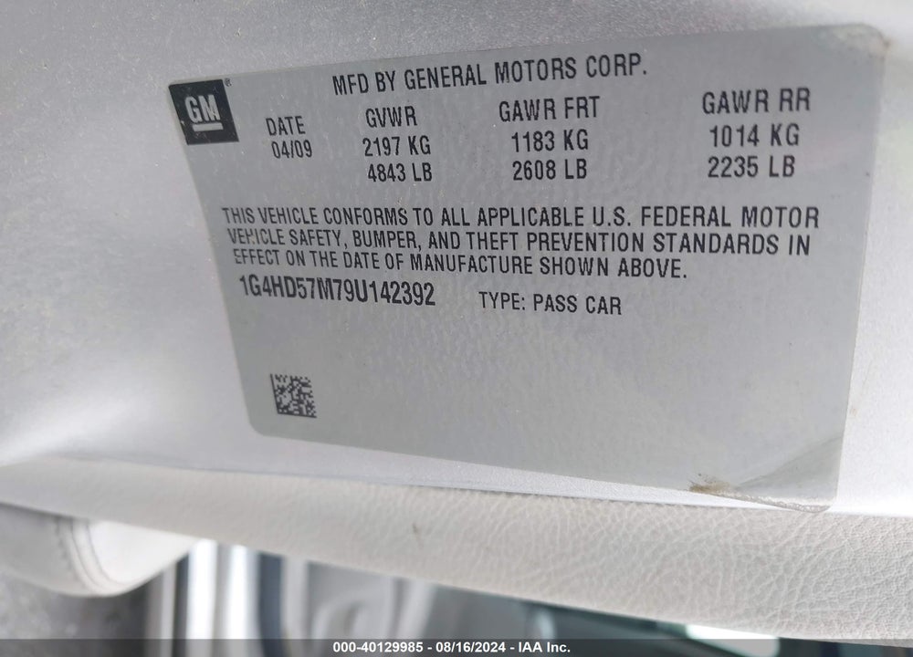 2009 BUICK LUCERNE CXL-4 VIN: 1G4HD57M79U142392