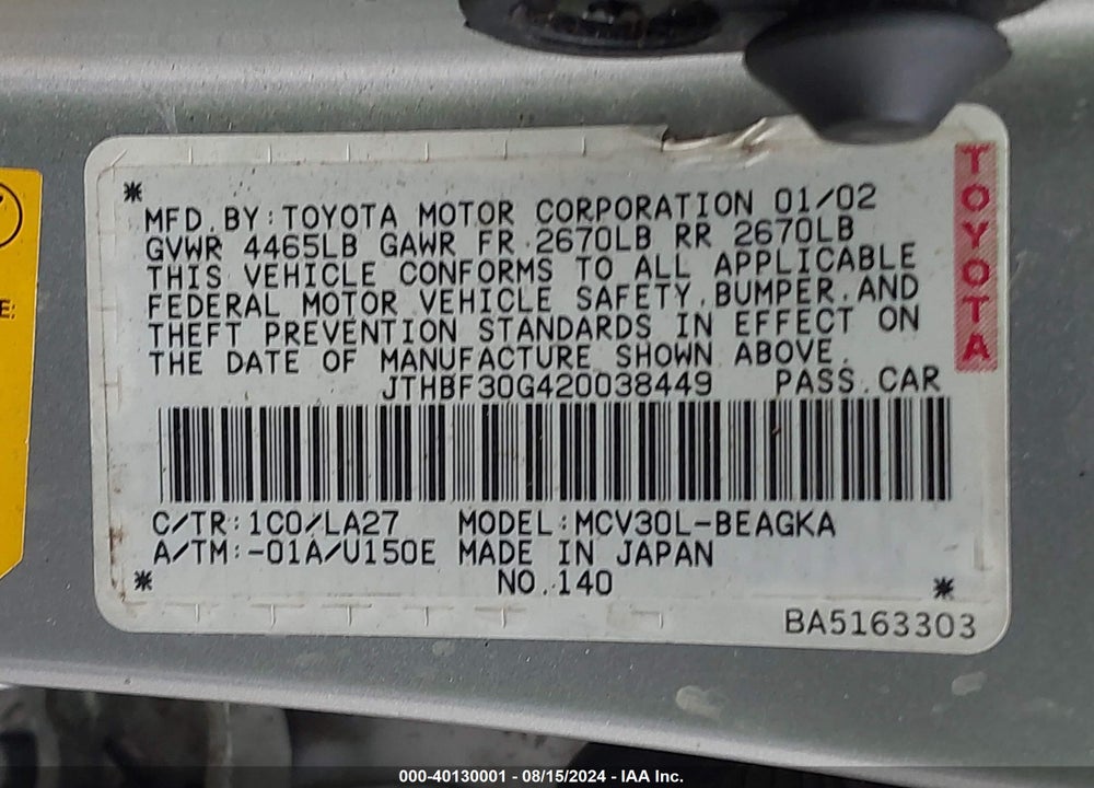 2002 LEXUS ES 300 VIN: JTHBF30G420038449